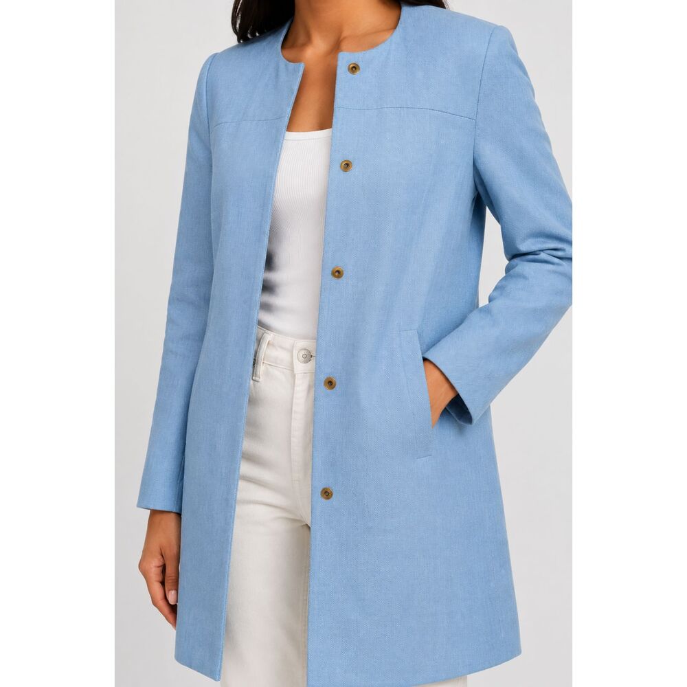 Zara Blue Linen Blend Collarless Coat Jacket Small Made in Spain Minimalist